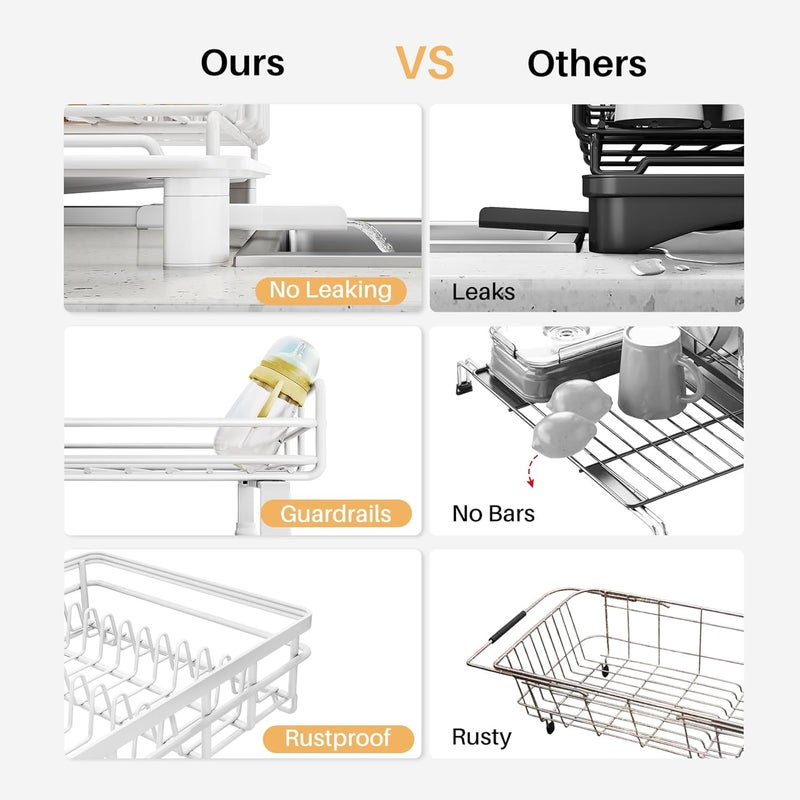 SNTD Dish Drying Rack - Extendable Dish Rack, Large Sink Drying Dish Drainer for Kitchen Counter, Stainless Steel Dish Strainer with Utensil Holder (White) - Image 4